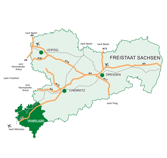Bild vergrößern: Straßennetzkarte des Freistaates Sachsen, in der der Vogtlandkreis grün markiert dargestellt wird.