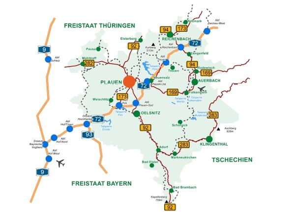 Bild vergrößern: Anfahrtsskizze der durchlaufenden Autbahnen im Vogtlandkreis