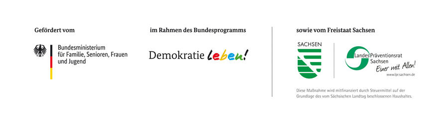 Bild vergrößern: Logo BMFSFJ, Bundesprogramm Demokratie leben! Förderhinweis FS Sachsen