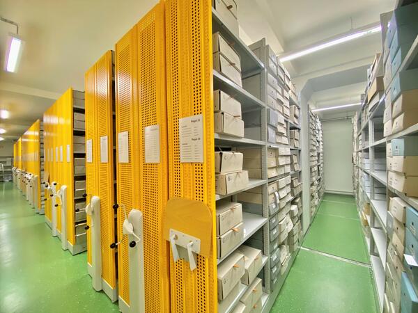 Bild vergrößern: Der Magazinraum des historischen Archivs auf Schloss Voigtsberg mit den typischen, gelben Regalen und den liegend gelagerten Archivbeständen.
