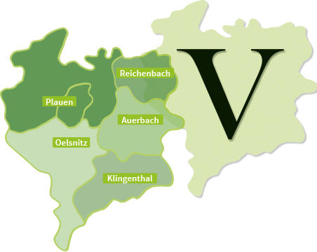 Bild vergrößern: Das Bild zeigt eine Karte mit dem Umriss des Vogtlandkreises und den großen Kreisstädten eingezeichnet.