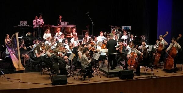 Das Bild zeigt ein Sinfonieorchester aus Bläsern und Streichern mit jungen Musikerinnen und Musikern. Sie stehen und sitzen auf einer Bühne. Davor steht der Dirigent. 