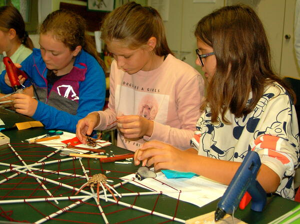 Bild vergrößern: Im Kreativraum konnten die Mädchen und Jungen ihr Können beim Bau eines Spinnennetzes unter Beweis stellen.
