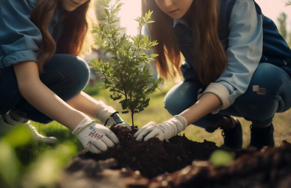 Auf dem Bild pflanzen zwei Mädchen einen Baum. 