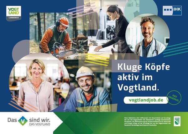 Das Bild zeigt eines der Plakate der Fachkräfte-Aktion "Kluge Köpfe aktiv im Vogtland".