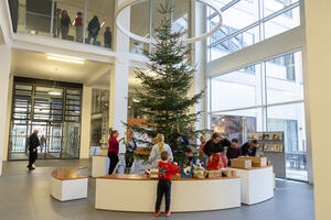 Bild vergr&ouml;&szlig;ern: Das Bild zeigt den Weihnachtsbaum im Foyer des Landratsamtes.