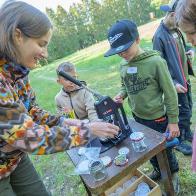 Die Kinder schauen sich den Borkenk&auml;fer genauer an.