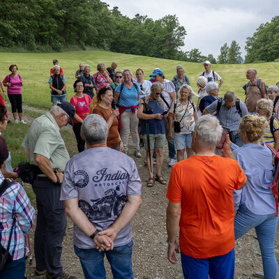 Bild vergr&ouml;&szlig;ern: Eine gro&szlig;e Gruppe Wanderer steht auf einer gr&uuml;nen Wiese vor bewaldeten H&uuml;geln beisammen.