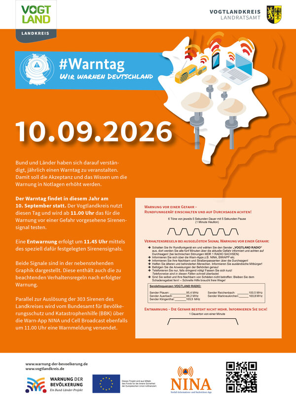Bild vergr&ouml;&szlig;ern: Das Plakat zum bundesweiten Warntag zeigt das Datum und die verschiedenen Frequenzen von Vogtlandradio sowie die Signalt&ouml;ne, an denen man die Warnung erkennt.