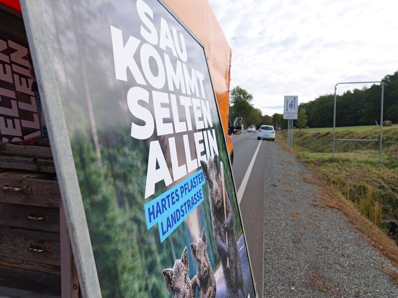 Das Plakat warnt vor Wildwechsel.