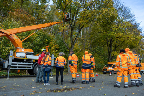 Bild vergr&ouml;&szlig;ern: Mehrere Stra&szlig;enw&auml;rter in orangefarbener Warnkleidung stehen neben einem gro&szlig;en Hubarbeitsb&uuml;hnenfahrzeug auf einer Stra&szlig;e. Der Arbeitskorb befindet sich hoch zwischen den herbstlich gef&auml;rbten B&auml;umen.