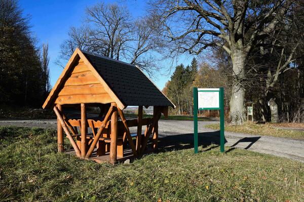 Bild vergrößern: Auf dem Bild sieht man den neuen Pavillon am Vogtland Panorama Weg, Naturdenkmal Linde in Oelsnitz/V.