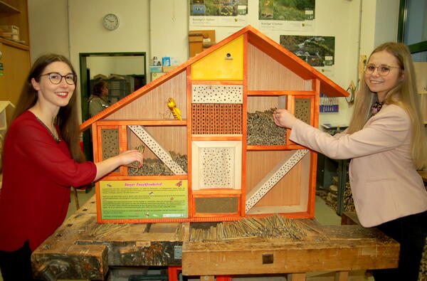 Bild vergrößern: Larissa und Anni beim Einrichten des Bienenhotels mit Naturmaterialien.