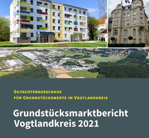 Das Bild zeigt das Titelbild dieses Grundstücksmarktberichtes 2021. Darauf abgebildet ist ein Wohnblock, ein Altbau und eine Luftaufnahme. 